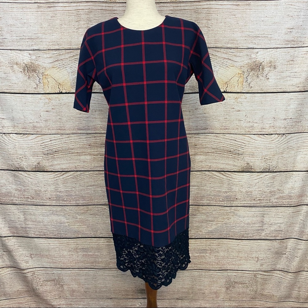 Michael Kors Navy & Red Plaid Lace Dress